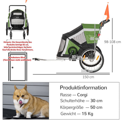 Remorcă pentru câini 2-în-1 Remorcă pliabilă pentru bicicletă pentru animale de companie și cărucior pentru câini, pânză Oxford, verde+argintiu, 150X82X108Cm