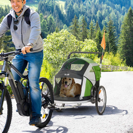 Remorcă pentru câini 2-în-1 Remorcă pliabilă pentru bicicletă pentru animale de companie și cărucior pentru câini, pânză Oxford, verde+argintiu, 150X82X108Cm