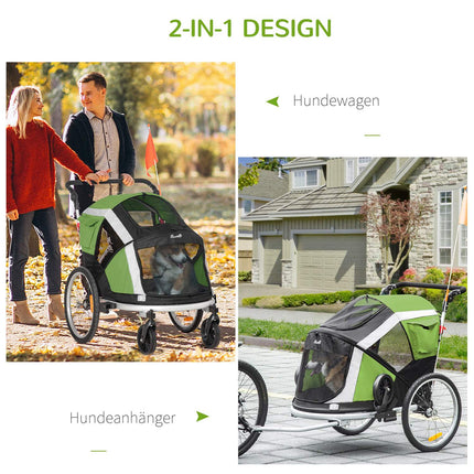 Remorcă pentru câini 2-în-1 Remorcă pliabilă pentru bicicletă pentru animale de companie și cărucior pentru câini, pânză Oxford, verde+argintiu, 150X82X108Cm