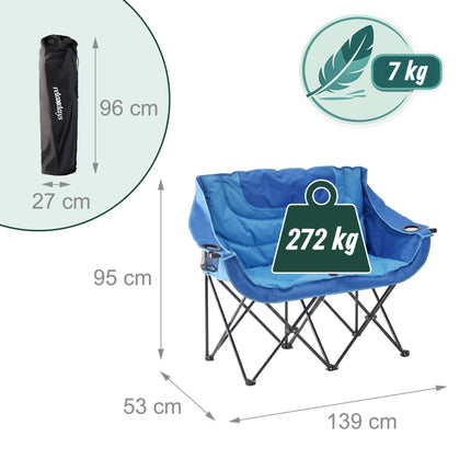 Scaun de camping pliabil pentru 2 persoane – căptușit, suporturi pentru pahare, geantă