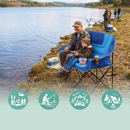 Scaun de camping pliabil pentru 2 persoane – căptușit, suporturi pentru pahare, geantă
