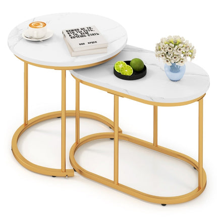 Set de 2 măsuțe de cafea cu aspect de marmură și picioare aurii