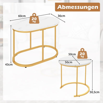Set de 2 măsuțe de cafea cu aspect de marmură și picioare aurii