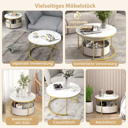 Set de 2 măsuțe de cafea rotunde cu coș de depozitare