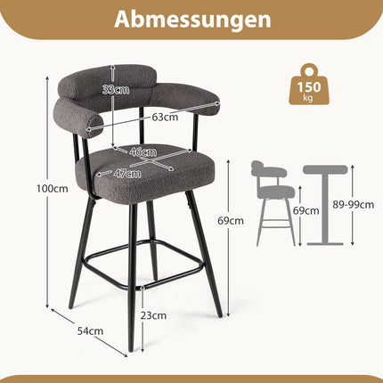 Set 2 scaune de bar pivotante, căptușite, rotație 360°, gri