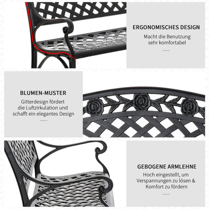 Bancă de grădină cu 2 locuri, din aluminiu negru, cu cotiere