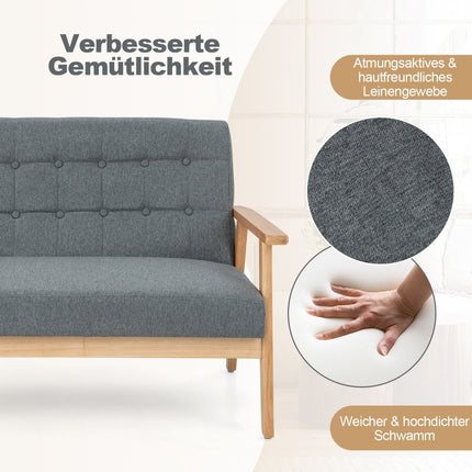 Canapea cu 2 locuri din in, cadru din lemn de cauciuc, design cu butoane