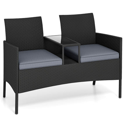 Bancă de grădină din Polyrattan cu 2 locuri, cu masă, gri