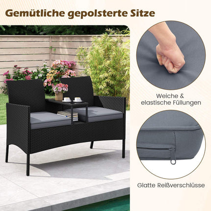 Bancă de grădină din Polyrattan cu 2 locuri, cu masă, gri