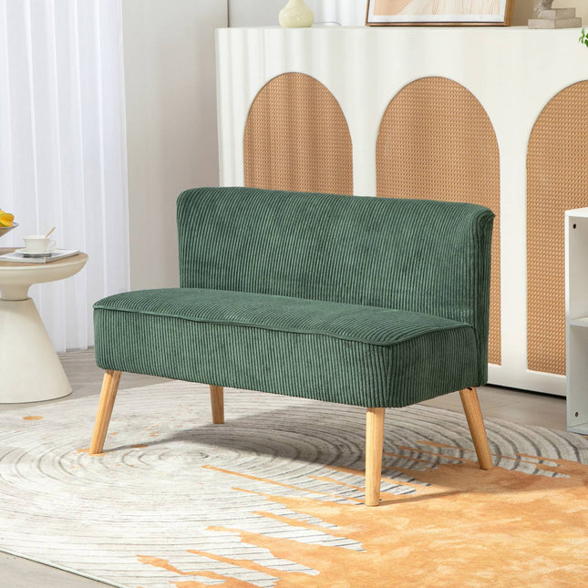 Canapea 2 locuri, canapea aspect catifea, picioare din lemn, canapea capitonată, canapea dublă pentru living, dormitor, 117 x 56,5 x 77 cm, verde |