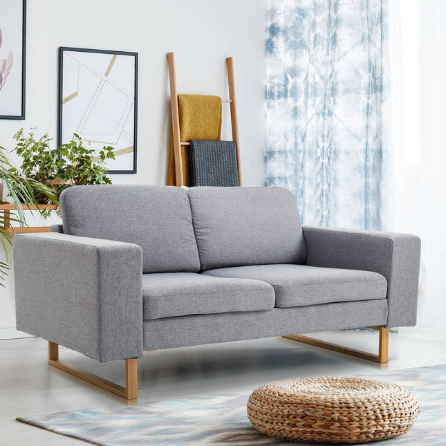 Light gray 2-seater upholstered corner sofa, wooden frame