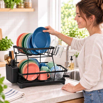 2-Tier Dish Drainer with Integrated Drain and Glass Holder, Black, 47.5 cm Wide