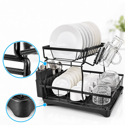 2-Tier Dish Drainer with Integrated Drain and Glass Holder, Black, 47.5 cm Wide