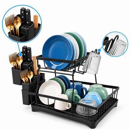 2-Tier Dish Drainer with Integrated Drain and Glass Holder, Black, 47.5 cm Wide