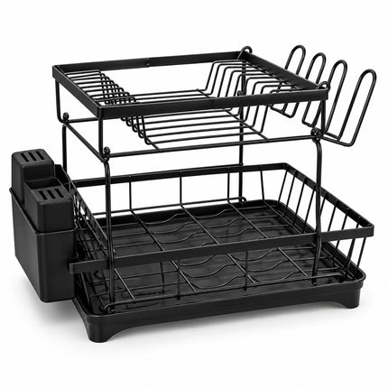 2-Tier Dish Drainer with Integrated Drain and Glass Holder, Black, 47.5 cm Wide