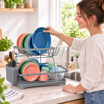 2-Tier Dish Drainer with Integrated Drain and Glass Holder, Grey, 47.5 cm Wide