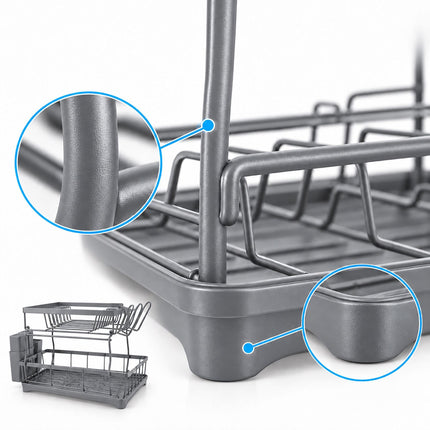 2-Tier Dish Drainer with Integrated Drain and Glass Holder, Grey, 47.5 cm Wide