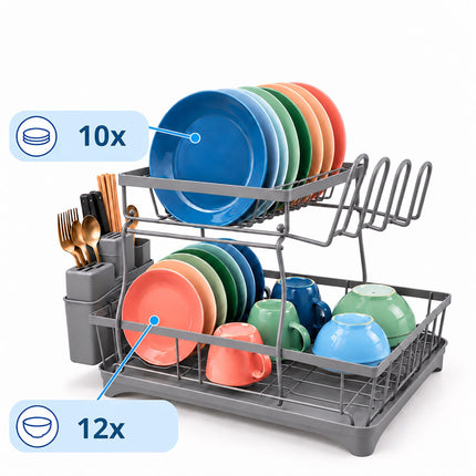 2-Tier Dish Drainer with Integrated Drain and Glass Holder, Grey, 47.5 cm Wide