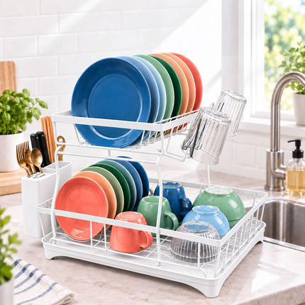 2-Tier Dish Drainer with Integrated Drain and Glass Holder, White, 47.5 cm Wide