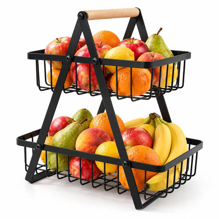 2-Tier Fruit Basket Stand with Square Wire Baskets – Black, Iron, Beech Wood