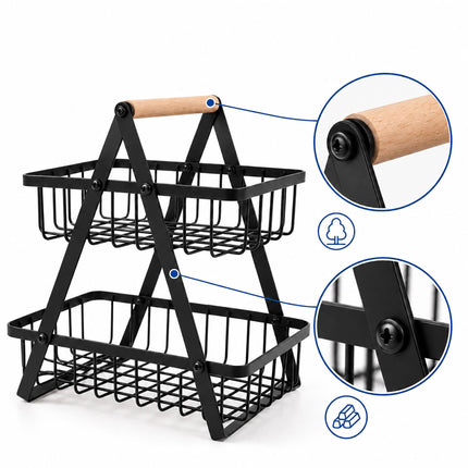 2-Tier Fruit Basket Stand with Square Wire Baskets – Black, Iron, Beech Wood