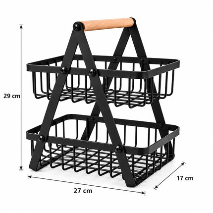 2-Tier Fruit Basket Stand with Square Wire Baskets – Black, Iron, Beech Wood