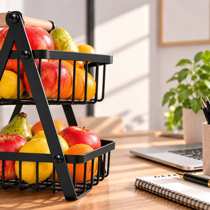 2-Tier Fruit Basket Stand with Square Wire Baskets – Black, Iron, Beech Wood