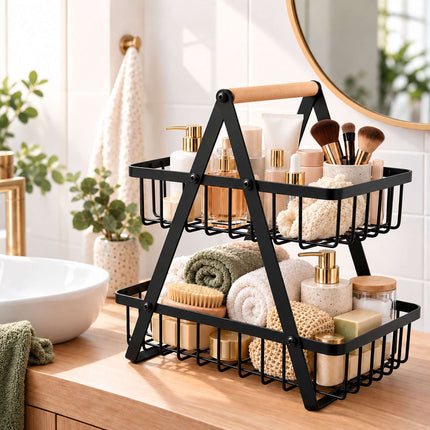 2-Tier Fruit Basket Stand with Square Wire Baskets – Black, Iron, Beech Wood