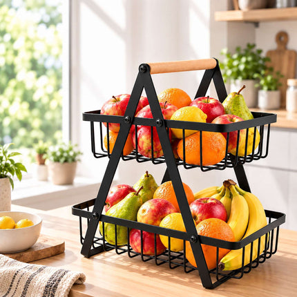 2-Tier Fruit Basket Stand with Square Wire Baskets – Black, Iron, Beech Wood