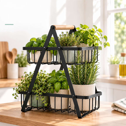 2-Tier Fruit Basket Stand with Square Wire Baskets – Black, Iron, Beech Wood