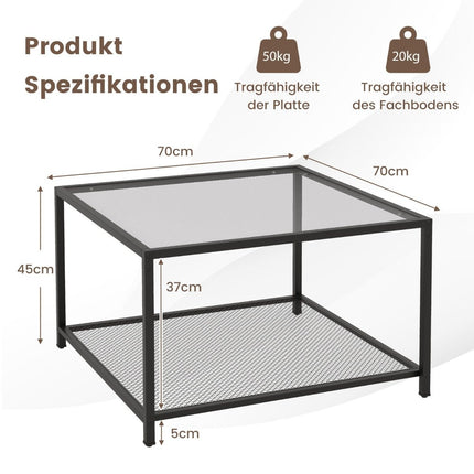 Masa din sticla cu 2 niveluri cu spatiu de depozitare si raft din plasa Masuta de cafea patrata moderna 70 x 70 x 45 cm gri