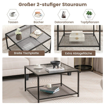 Masa din sticla cu 2 niveluri cu spatiu de depozitare si raft din plasa Masuta de cafea patrata moderna 70 x 70 x 45 cm gri