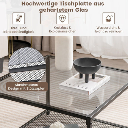 Masa din sticla cu 2 niveluri cu spatiu de depozitare si raft din plasa Masuta de cafea patrata moderna 70 x 70 x 45 cm gri