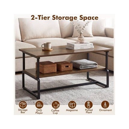 2-Tier Industrial Coffee Table with Metal Frame, Rustic Brown, 85 x 60 x 47 cm