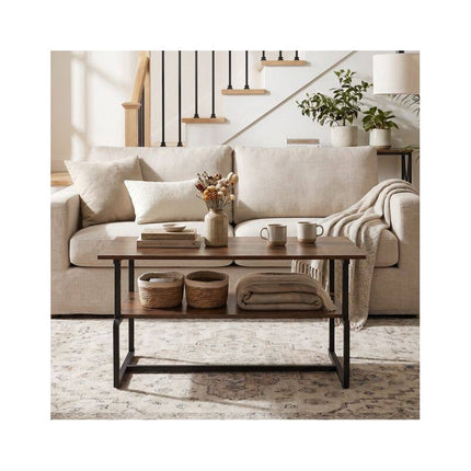 2-Tier Industrial Coffee Table with Metal Frame, Rustic Brown, 85 x 60 x 47 cm