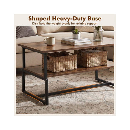 2-Tier Industrial Coffee Table with Metal Frame, Rustic Brown, 85 x 60 x 47 cm