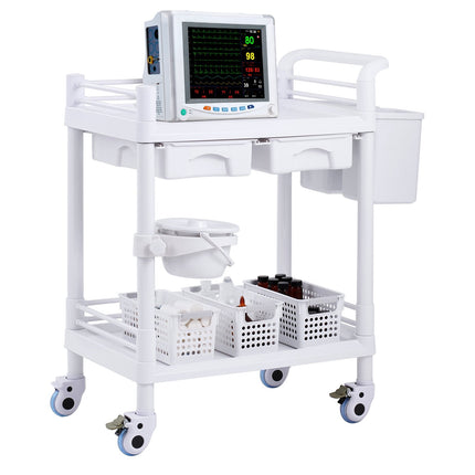 2-Tier Lab Cart With 2 Drawers, Trays, Silent Wheels