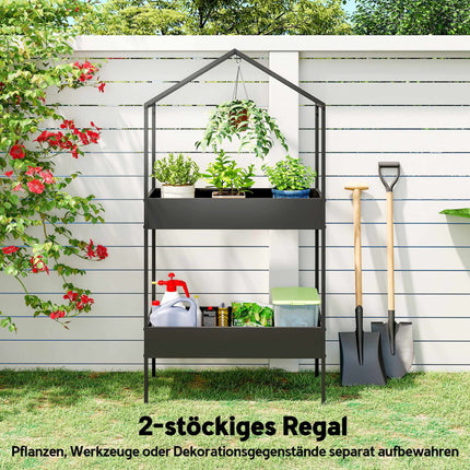 2-Tier Metal Plant Stand with Hook, 150 cm Tall, Black
