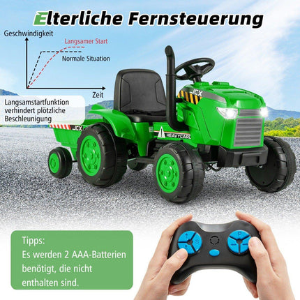 Tractor electric 2 în 1 pentru copii cu remorcă și amp; Mașină electrică de jucărie cu telecomandă-verde