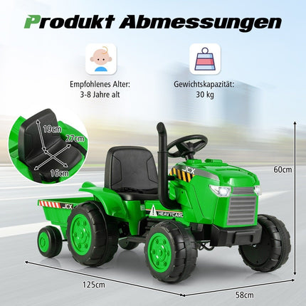 Tractor electric 2 în 1 pentru copii cu remorcă și amp; Mașină electrică de jucărie cu telecomandă-verde