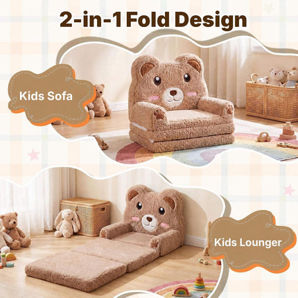 2-in-1 Foldable Kids Sofa Bed with Washable Cover, Bear Design, Brown