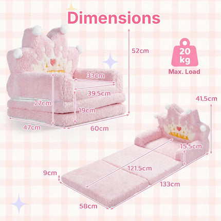 2-in-1 Foldable Kids Sofa Bed with Washable Cover, Crown Design, Pink