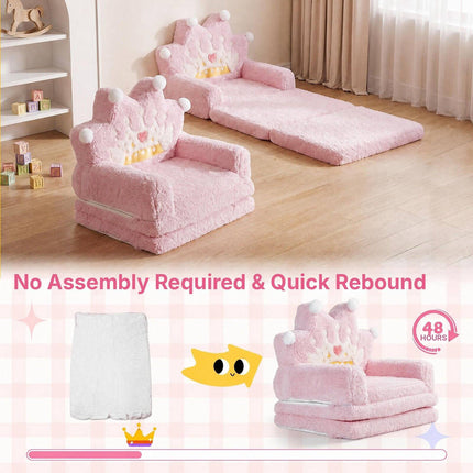 2-in-1 Foldable Kids Sofa Bed with Washable Cover, Crown Design, Pink