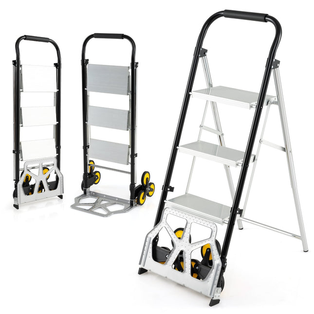 Cărucior și scară pliabile 2 în 1, aluminiu, 3 trepte, capacitate 250 kg