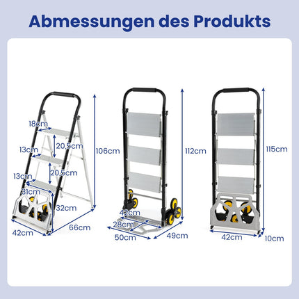 Cărucior și scară pliabile 2 în 1, aluminiu, 3 trepte, capacitate 250 kg