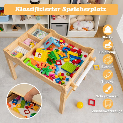 Masa 2 in 1 pentru copii din lemn de pin cu blat reversibil si depozitare