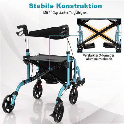Rollator ușor și scaun cu rotile 2 în 1, reglabil pe înălțime