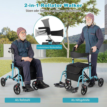 Rollator ușor și scaun cu rotile 2 în 1, reglabil pe înălțime
