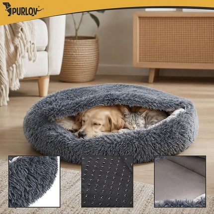 2-in-1 Plush Dog and Cat Bed 70 cm with Sleeping Bag Canopy, Grey
