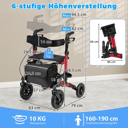 Rollator și scaun cu rotile 2 în 1, pliabil, susține 136 kg